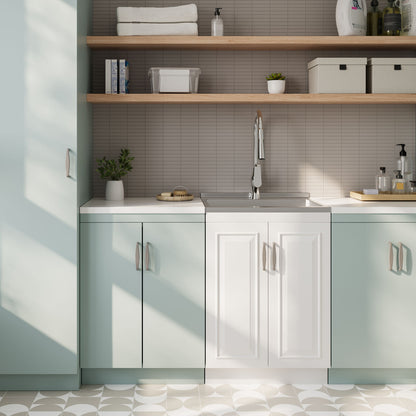 Deluxe Laundry Cabinet and Stainless Sink vanity with mint-green cabinets by HouseOfZazla on Tampa Home & Garden Store