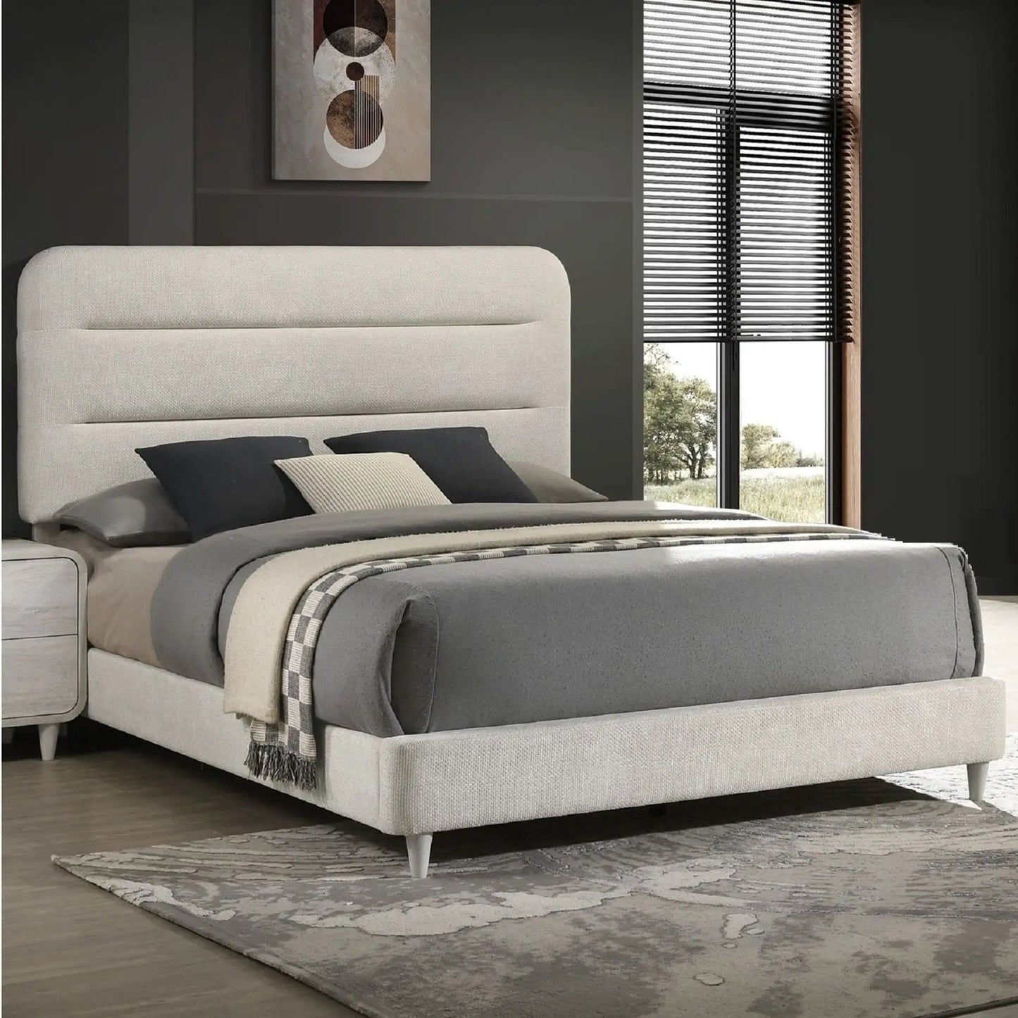 Upholstered Panel Bed Sleek Lines by Unique Piece Furniture, cream fabric, tall headboard on Tampa Home & Garden Store