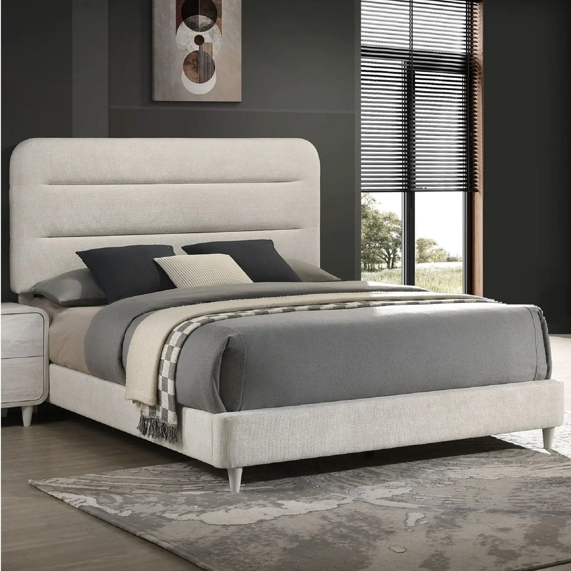 Upholstered Panel Bed Sleek Lines by Unique Piece Furniture, cream fabric, tall headboard on Tampa Home & Garden Store