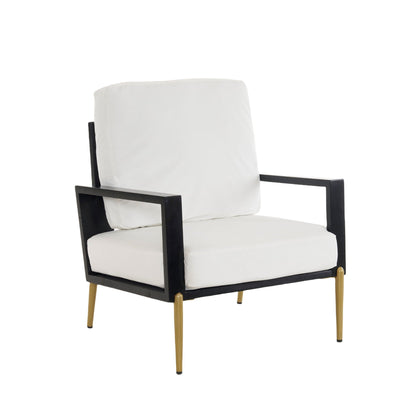 Modern Armchair with white cushions and black metal frame on Tampa Home & Garden Store