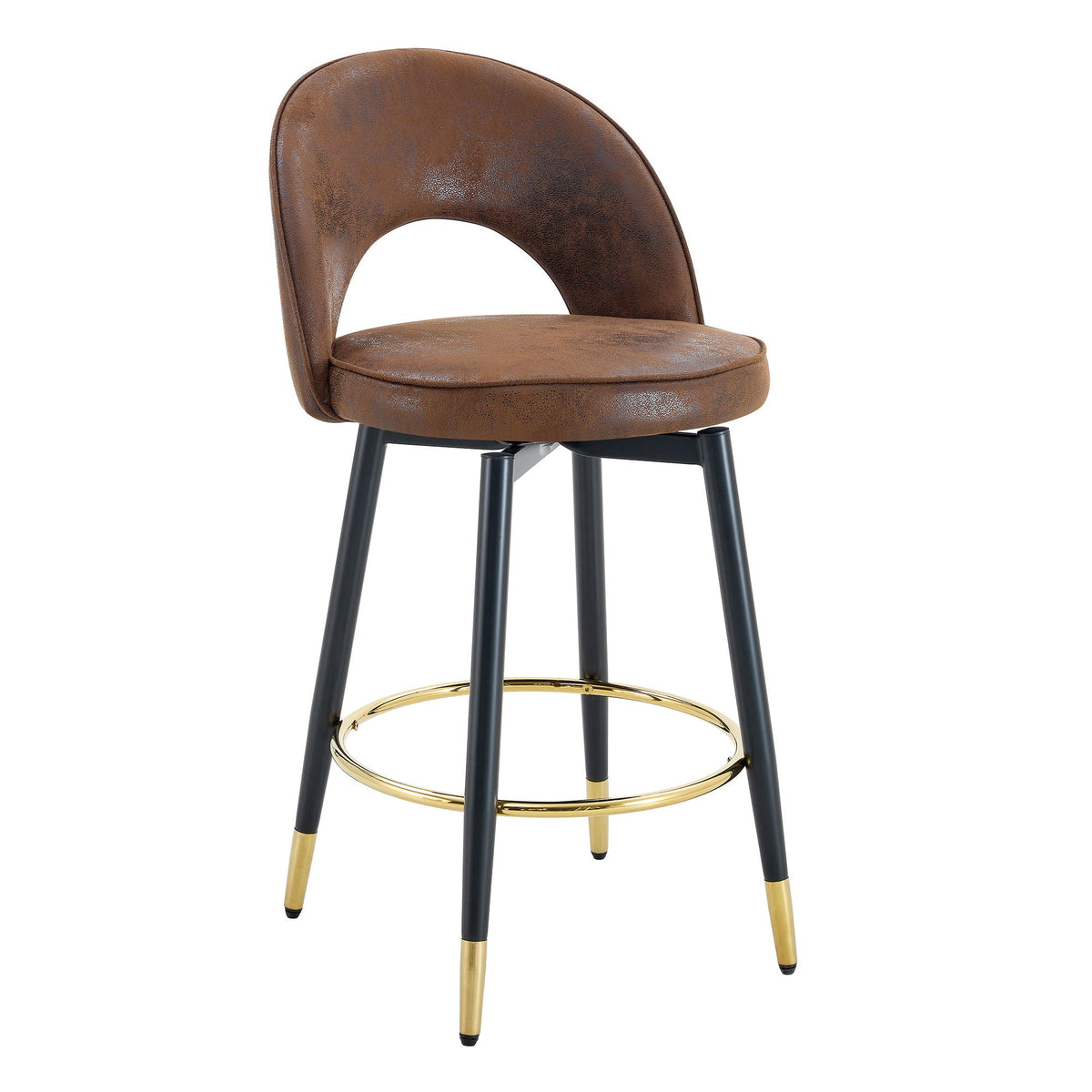 Rotatable upholstered brown bar chair with back and gold footrest ring on black metal legs on Tampa Home & Garden Store