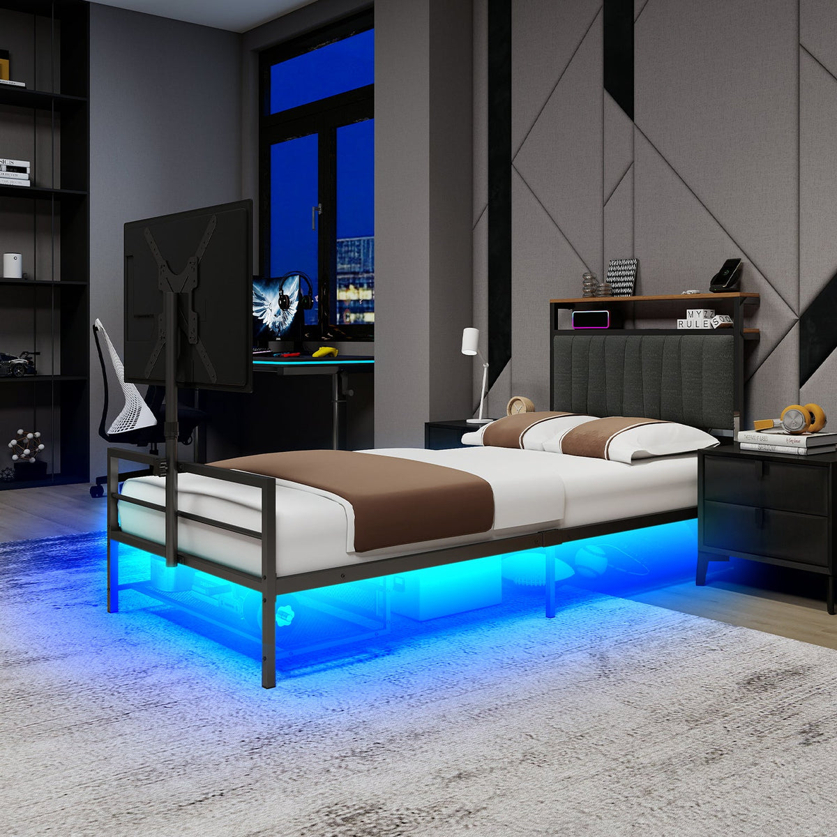 Twin Size Gaming Bed with rotating TV mount, LED lighting, black metal frame by HouseOfZazla on Tampa Home & Garden Store