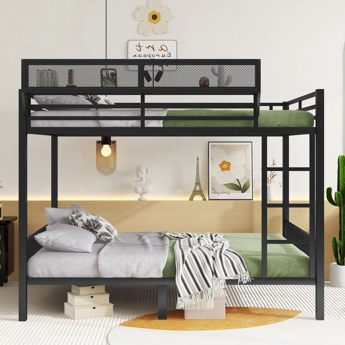 Queen Over Queen bunk bed in black metal with ladder and storage shelf by HouseOfZazla on Tampa Home & Garden Store