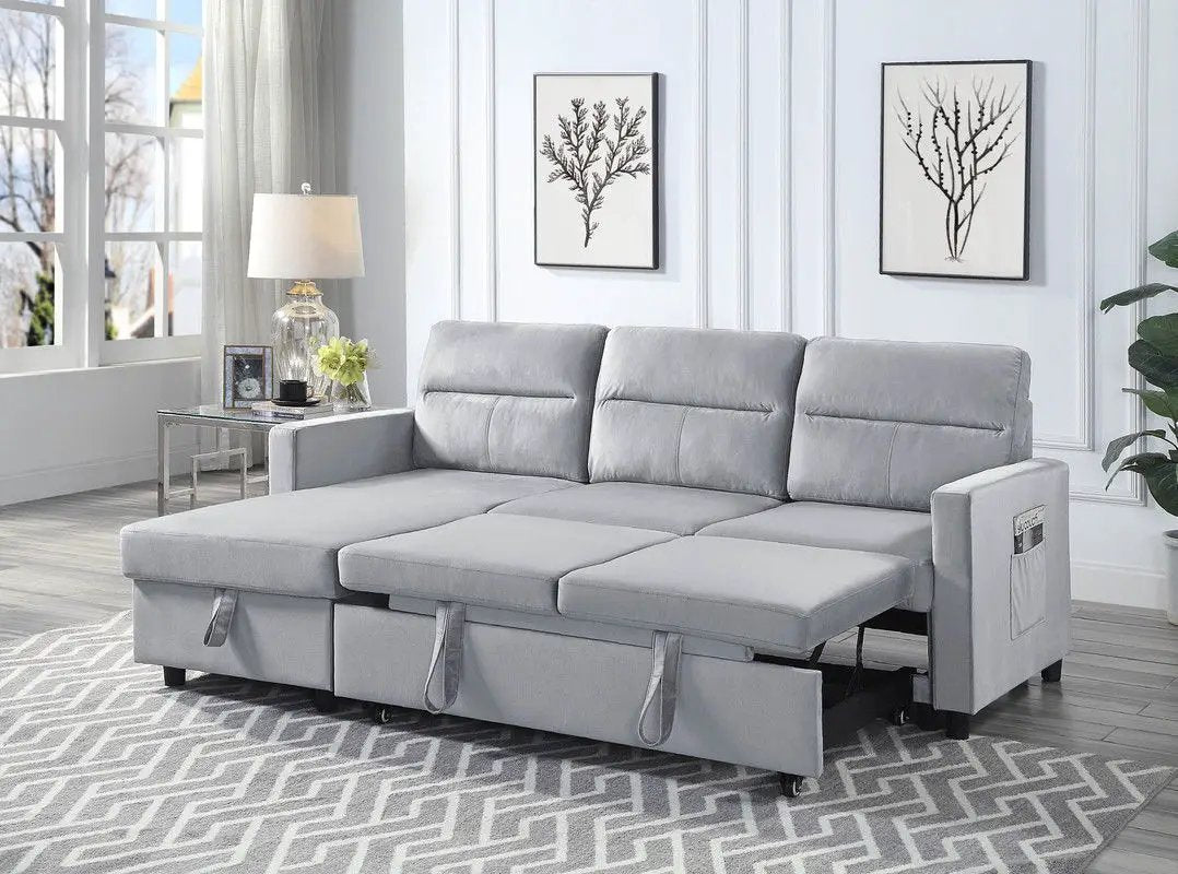 Ivy reversible sleeper sectional with storage chaise and side pocket in light gray fabric on Tampa Home & Garden Store