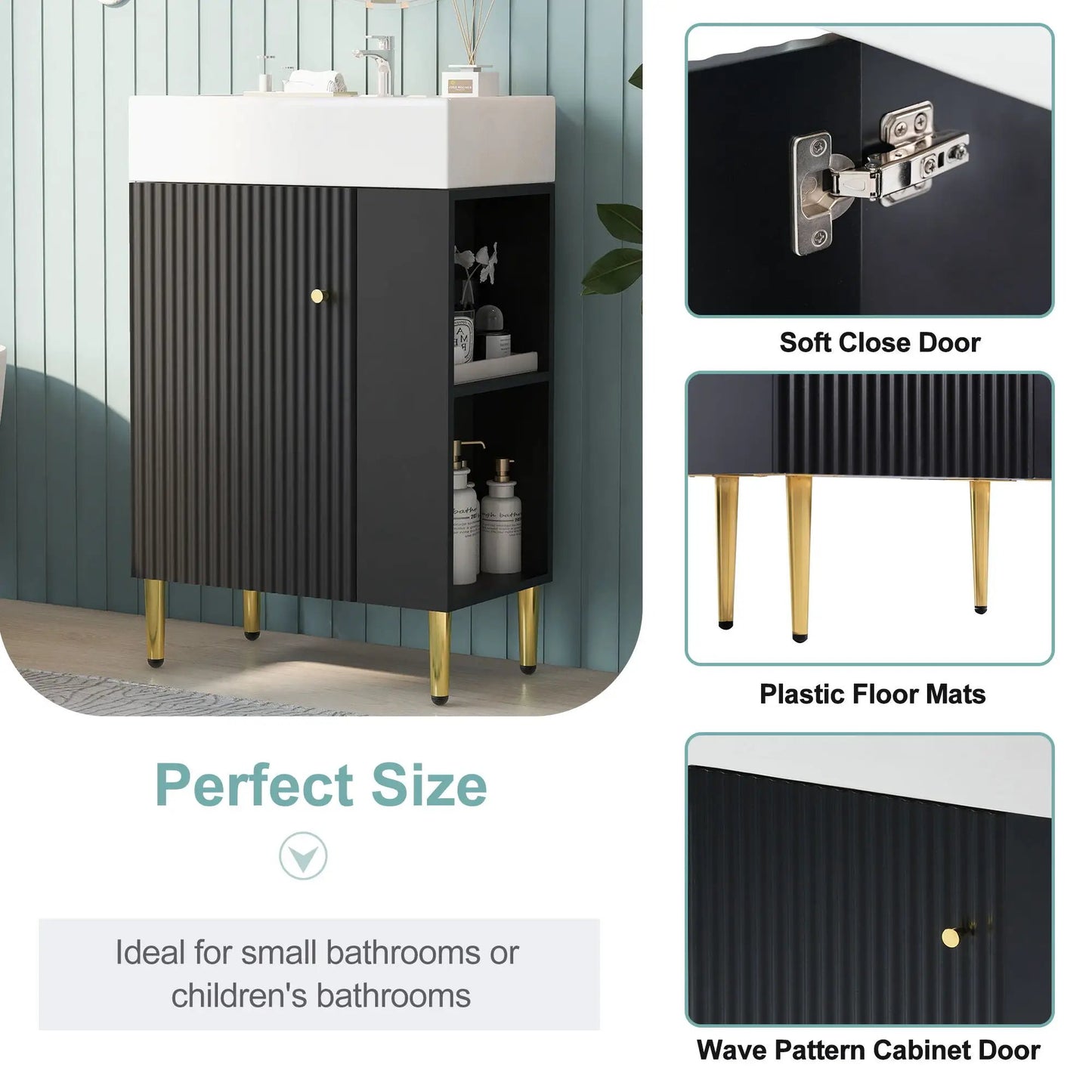 Ceramic sink bathroom vanity with white top, black ribbed front, gold legs, open shelf on Tampa Home & Garden Store