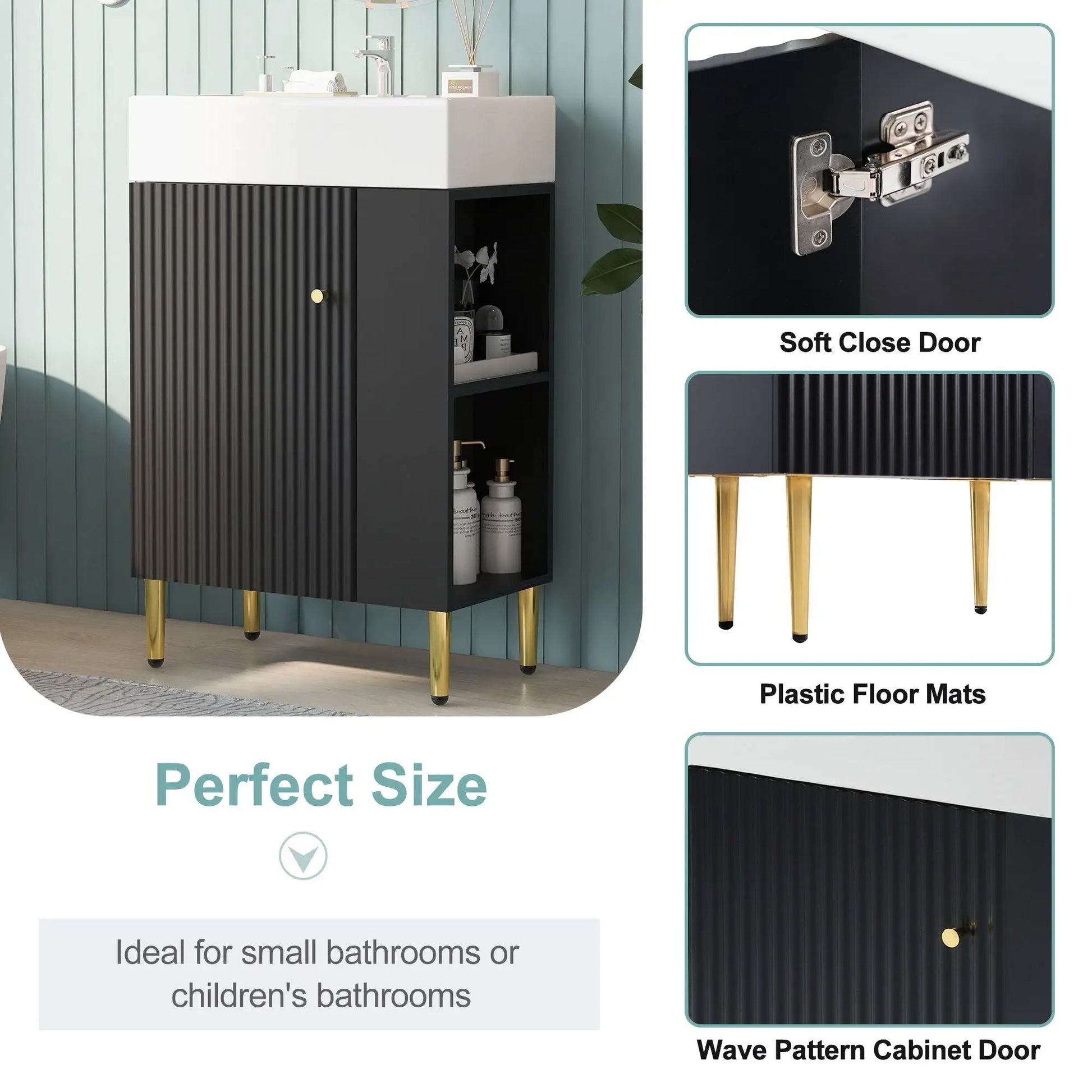 Ceramic sink bathroom vanity with white top, black ribbed front, gold legs, open shelf on Tampa Home & Garden Store