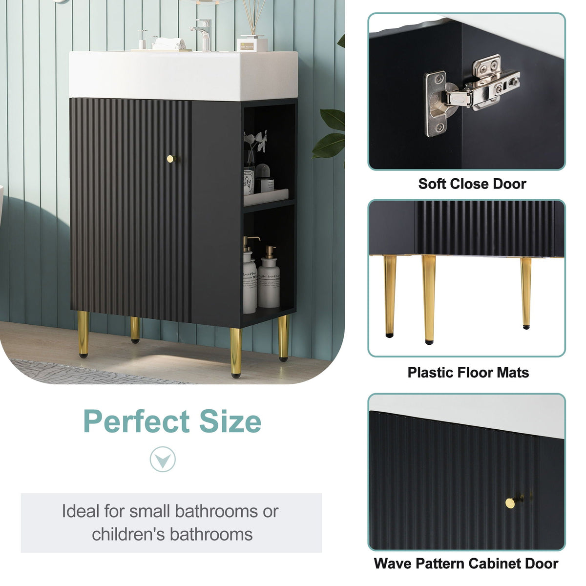 HouseOfZazla vanity with ceramic sink, black ribbed cabinet with side storage, white top on Tampa Home & Garden Store