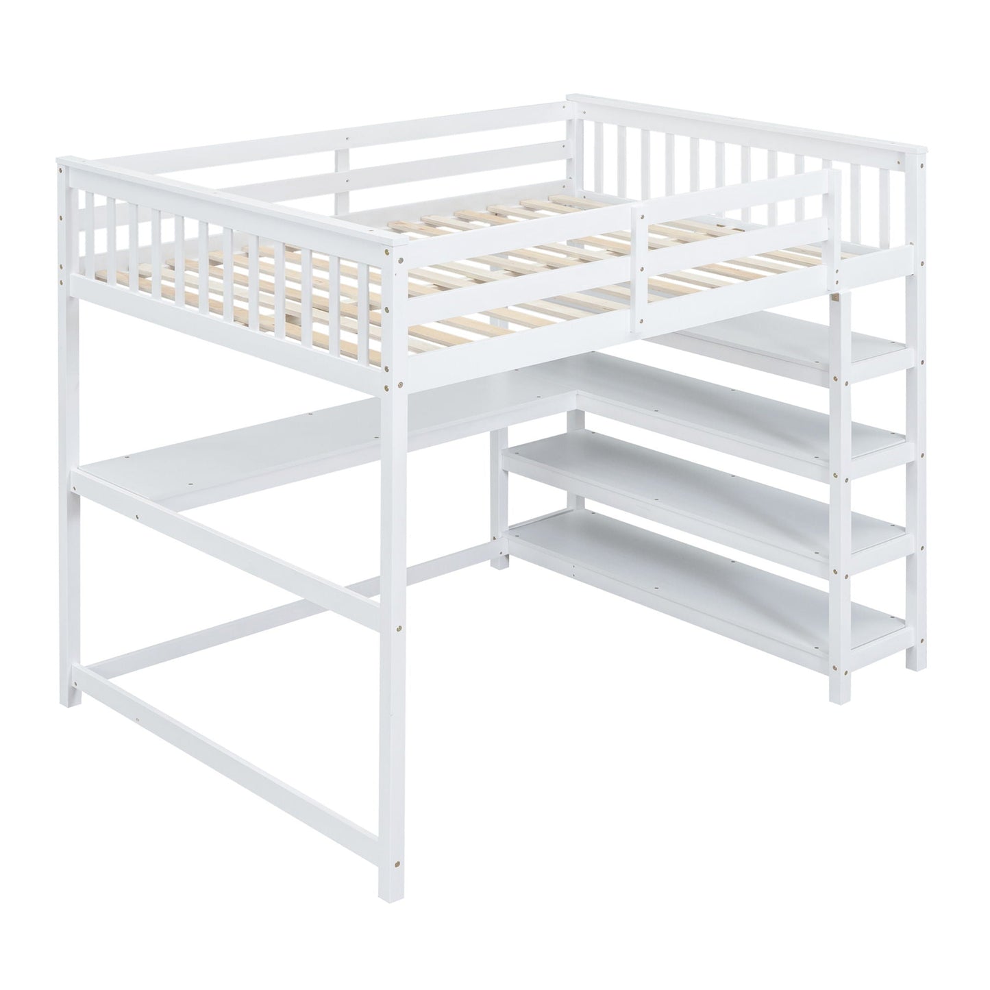 Loft bed with storage shelves and under-bed desk, white wooden frame, slatted base on Tampa Home & Garden Store