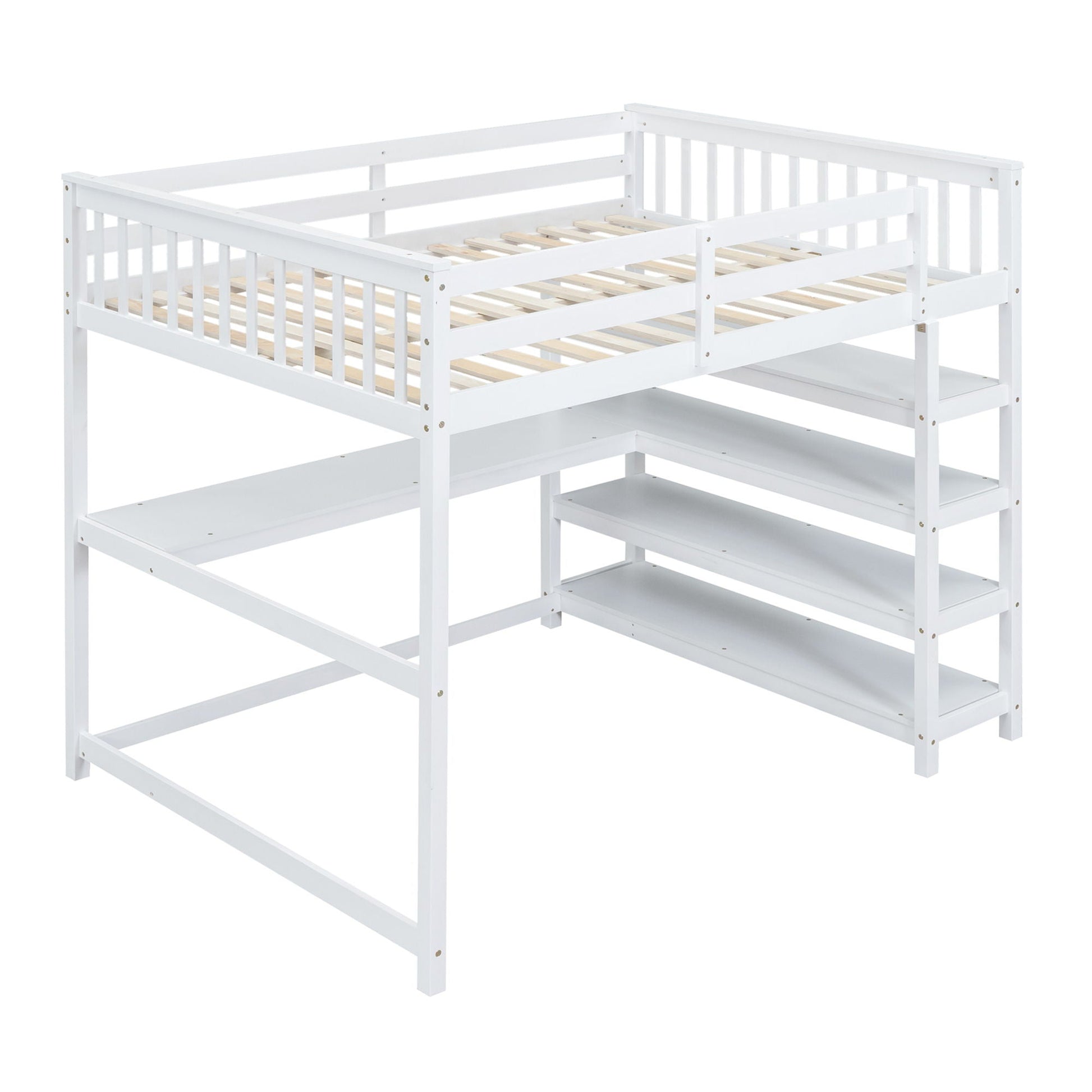Loft bed with storage shelves and under-bed desk, white wooden frame, slatted base on Tampa Home & Garden Store