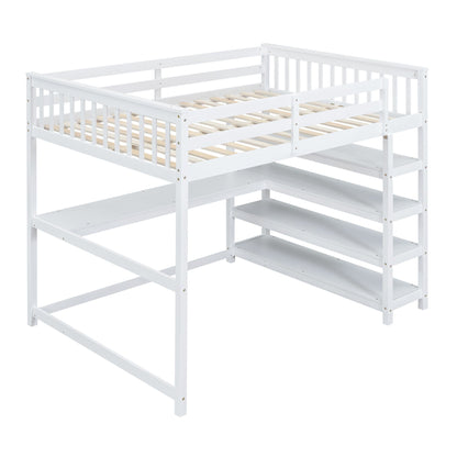 Loft bed with storage shelves and under-bed desk, white wooden frame, slatted base on Tampa Home & Garden Store