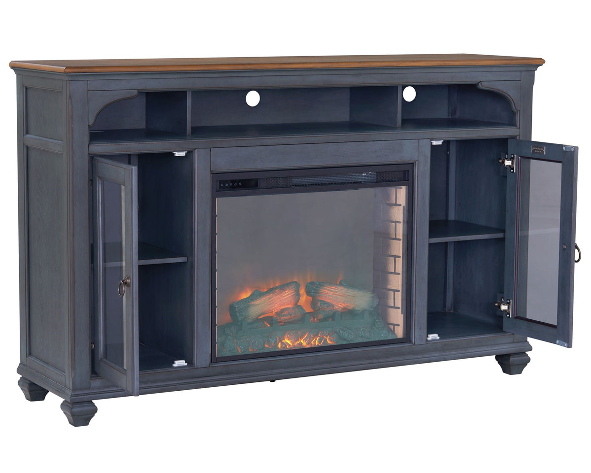 Blue Fireplace TV Stand with electric fireplace, open cubby and glass-front cabinets on Tampa Home & Garden Store