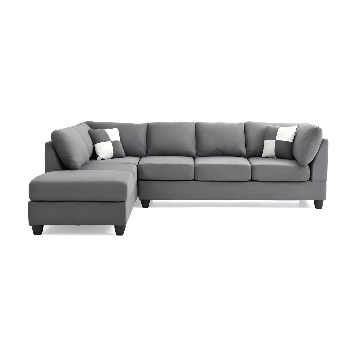 Malone Comfort Sectional gray fabric sofa with left chaise and checkered pillows on Tampa Home & Garden Store