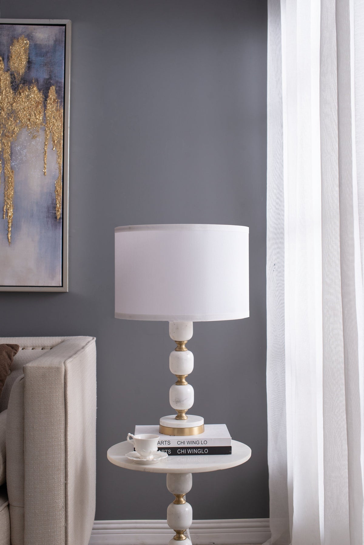 Table lamp D15x26.5 by HouseOfZazla with white drum shade and stacked marble globe base on Tampa Home & Garden Store