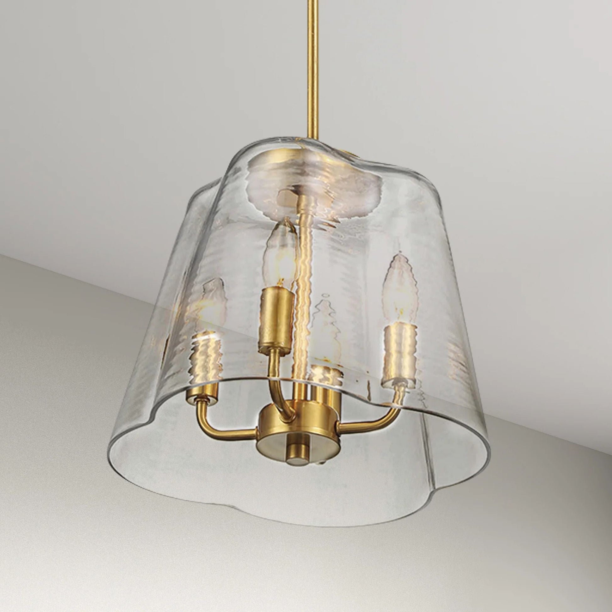 Soiree 4-Candle Pendant Light by HouseOfZazla, brass gold finish with clear textured glass shade on Tampa Home & Garden Store