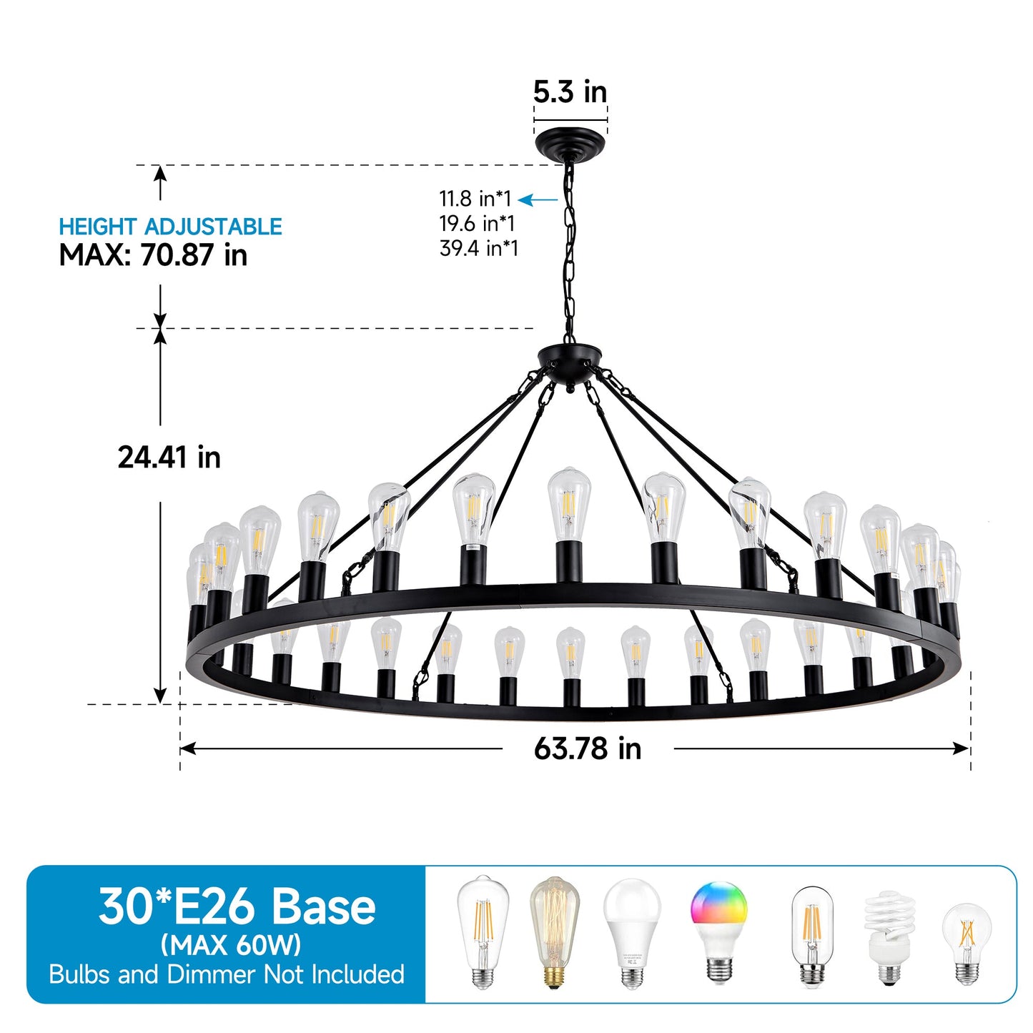 64in matte black wagon wheel chandelier with 30 clear Edison bulbs HouseOfZazla on Tampa Home & Garden Store
