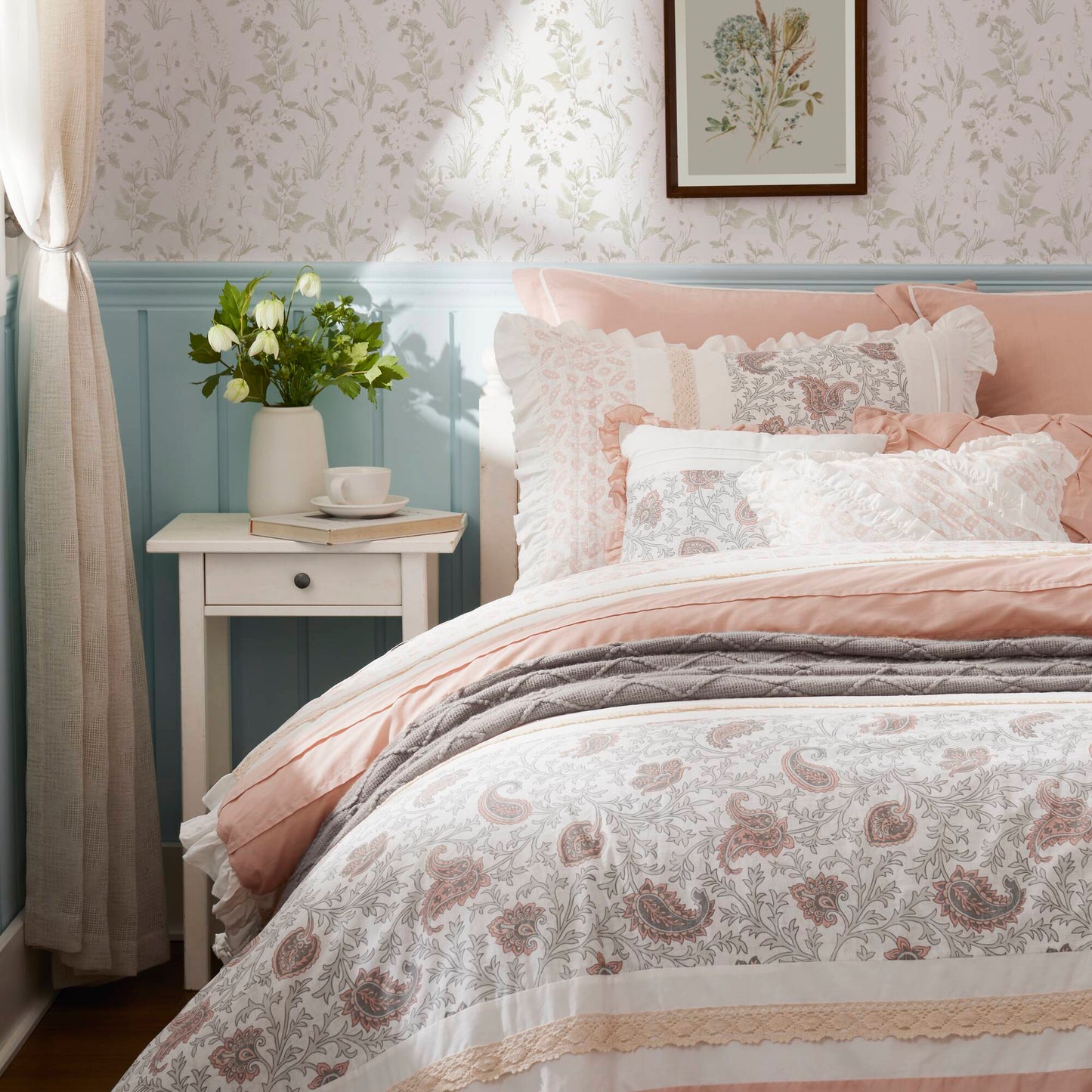 9 Piece Cotton Percale Comforter Set Blush with pink paisley print and white border on bed on Tampa Home & Garden Store