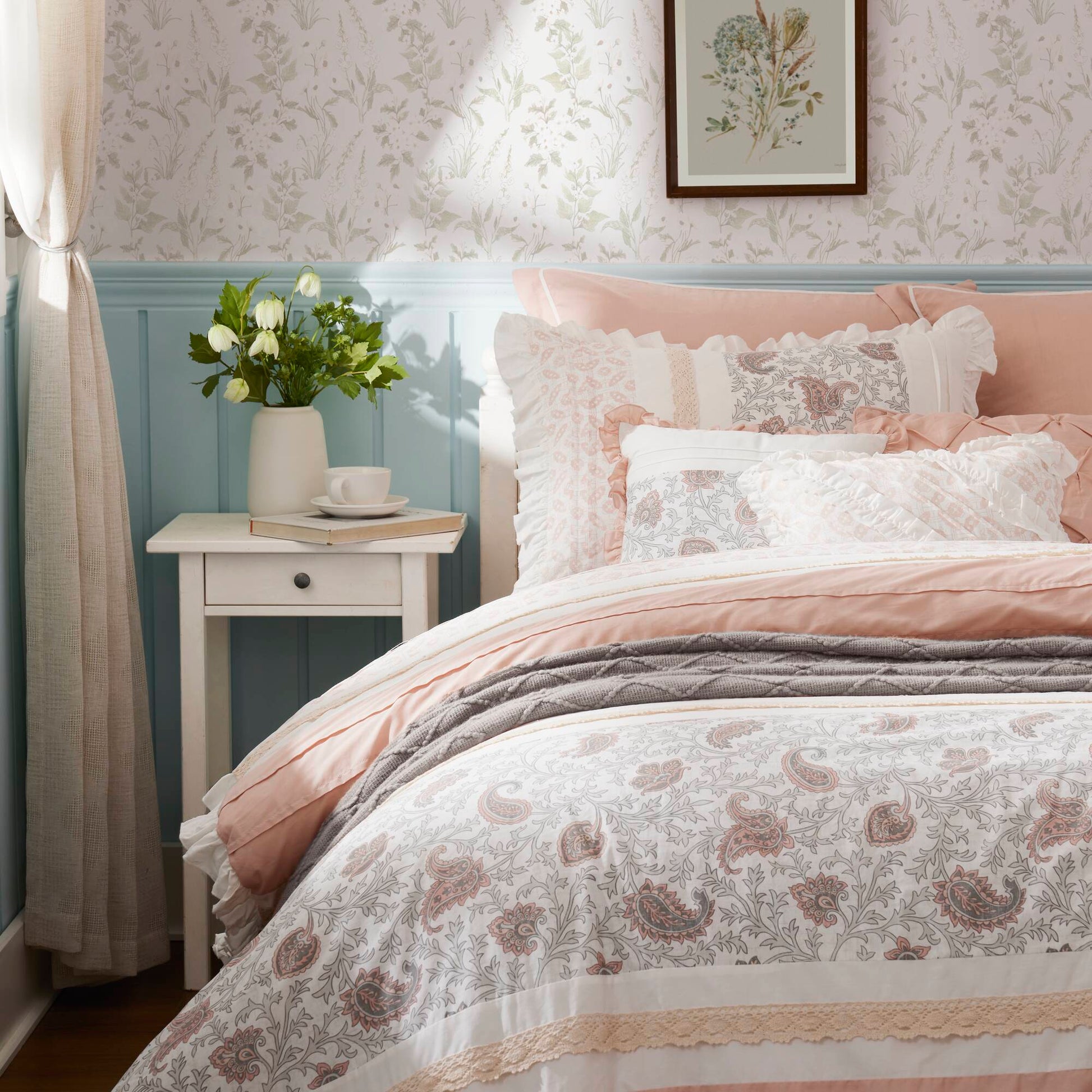 9 Piece Cotton Percale Comforter Set Blush with pink paisley print and white border on bed on Tampa Home & Garden Store