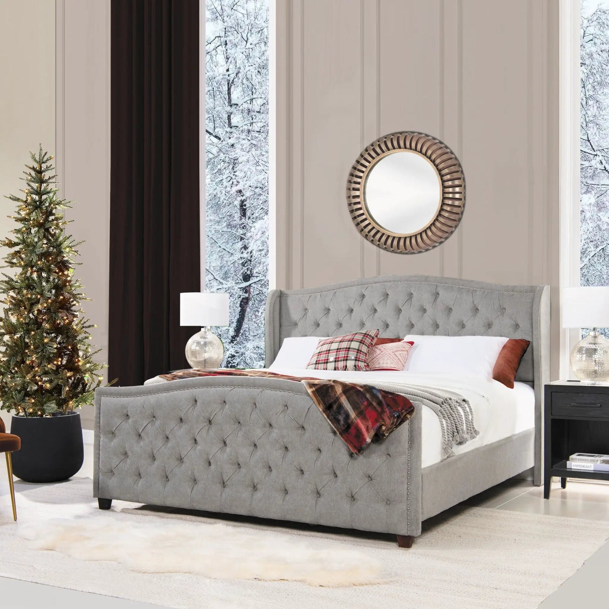 Marcella Upholstered Shelter Headboard Bed Set in gray fabric by Unique Piece Furniture on Tampa Home & Garden Store