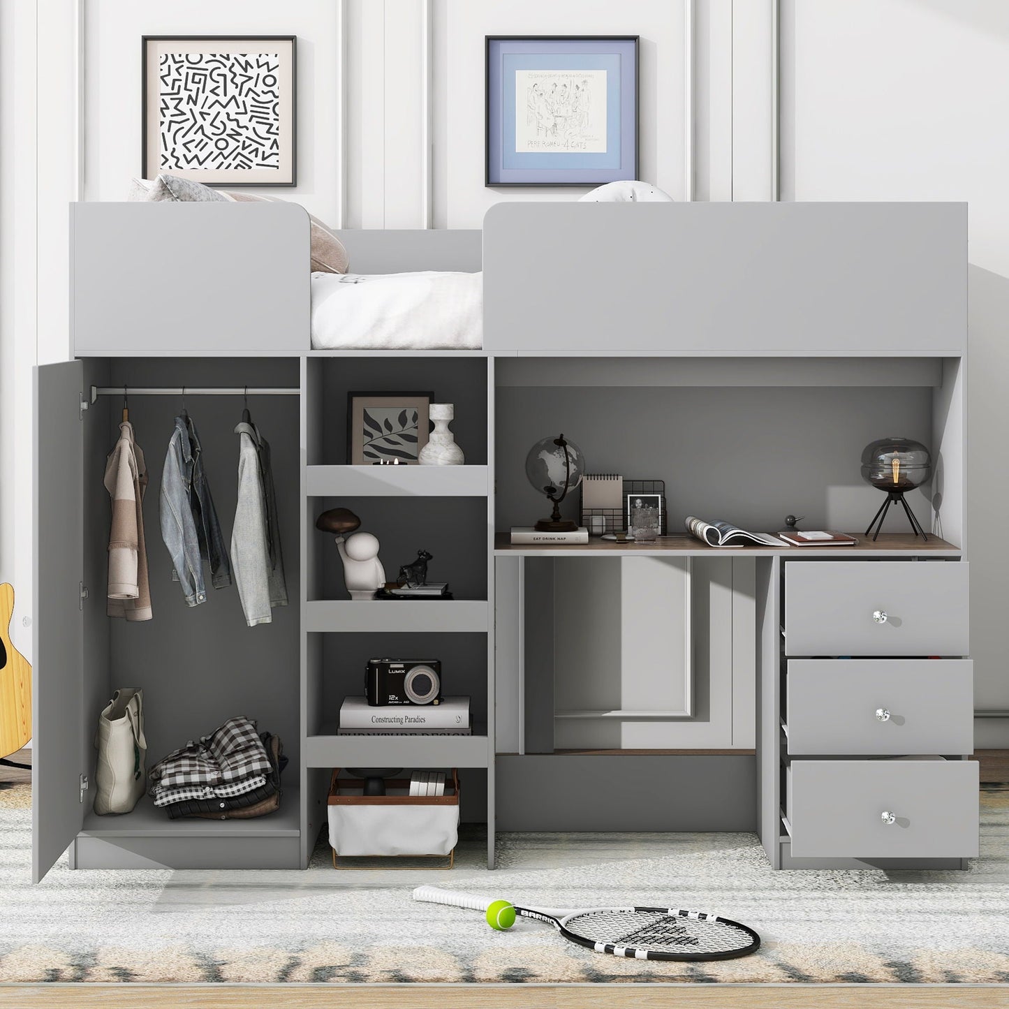 Loft bed with built-in wardrobe, desk, shelves and drawers in gray by HouseOfZazla on Tampa Home & Garden Store