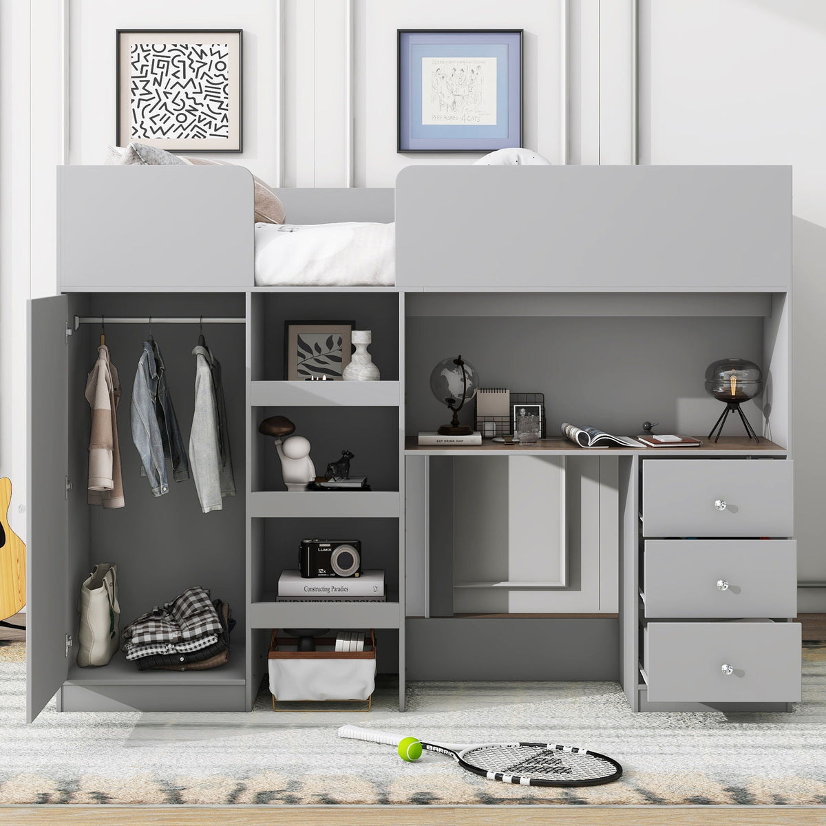 Loft bed with built-in wardrobe, desk, shelves and drawers in gray by HouseOfZazla on Tampa Home & Garden Store
