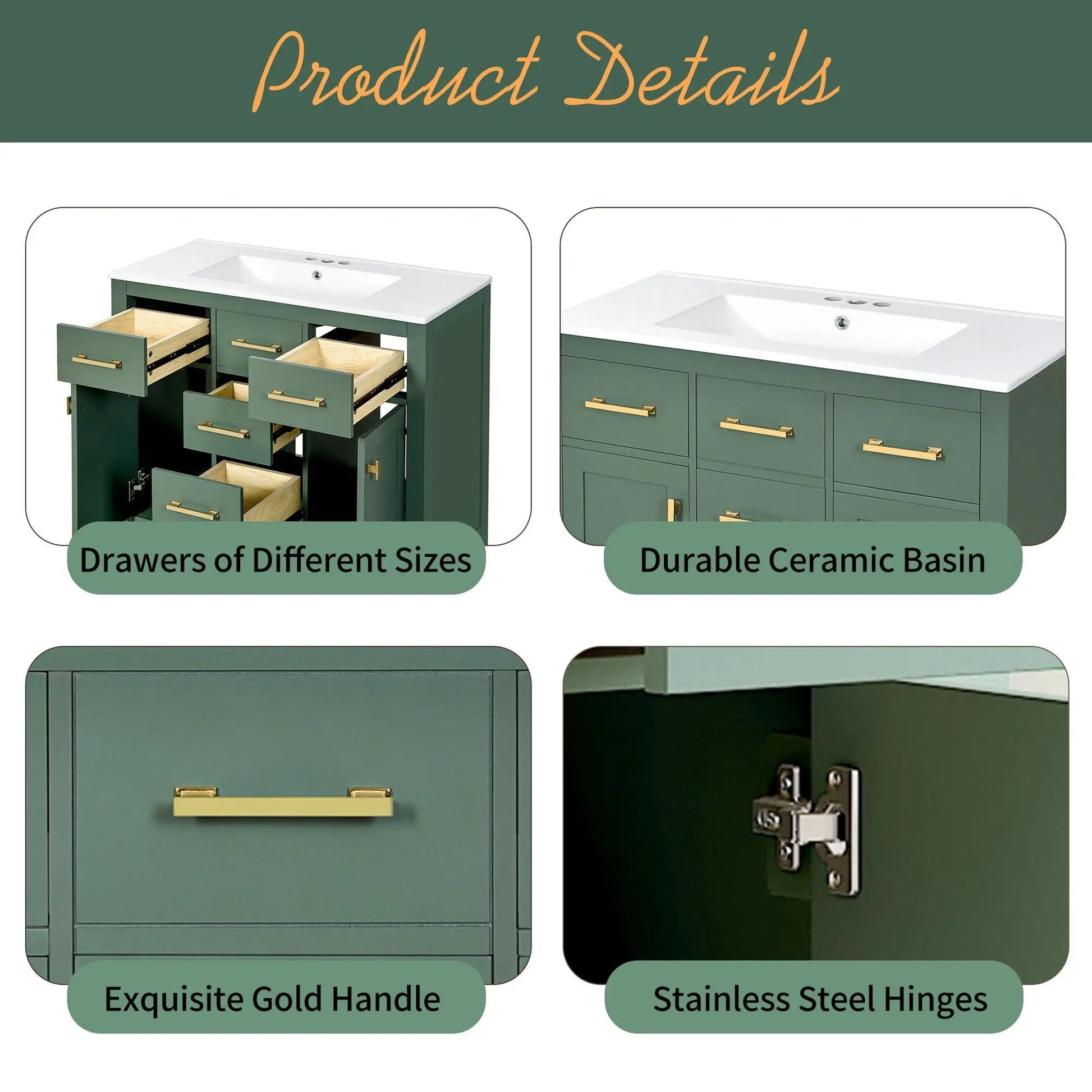 Bathroom vanity with sink by Unique Piece Furniture green cabinet 4 drawers gold handles on Tampa Home & Garden Store
Bathroom vanity with sink by Unique Piece Furniture green with ceramic basin gold handles on Tampa Home & Garden Store