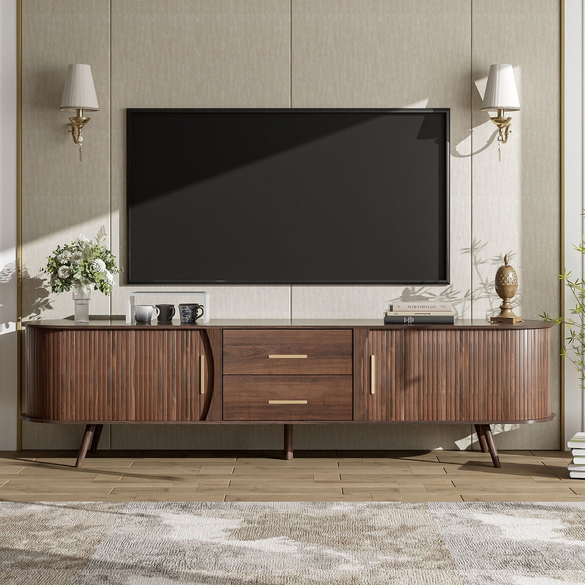 TV Stand Entertainment Center dark brown wood with vertical grooved cabinet doors and ample storage on Tampa Home & Garden Store