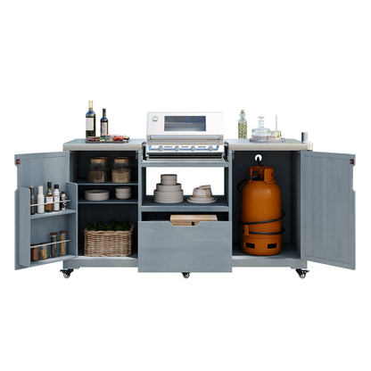 K&K 66.5in outdoor kitchen island for Big Green Egg, gray-blue cabinetry, stainless top on Tampa Home & Garden Store