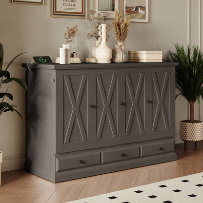 Solid pine Murphy bed chest cube cabinet with charging station and large storage drawer in gray on Tampa Home & Garden Store
