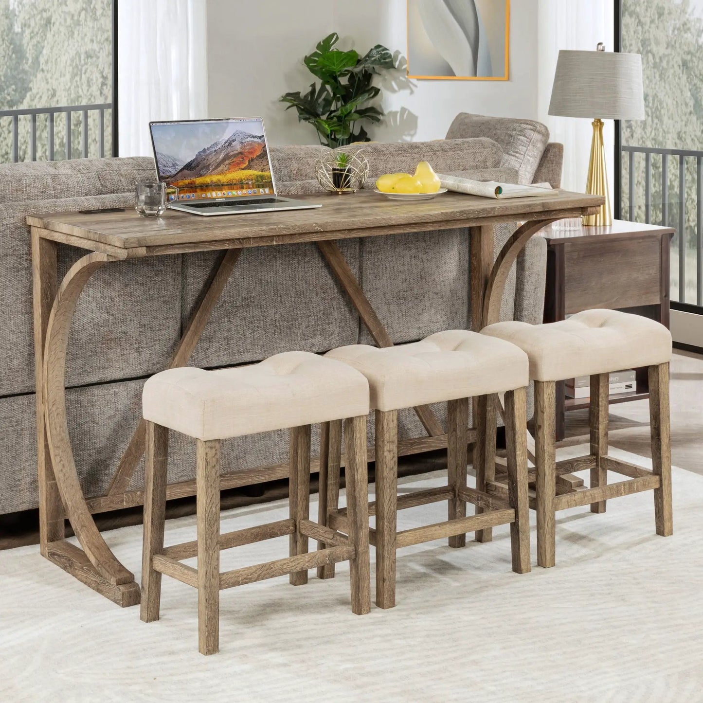 Bar table set with 3 padded stools in rustic wood finish on Tampa Home & Garden Store