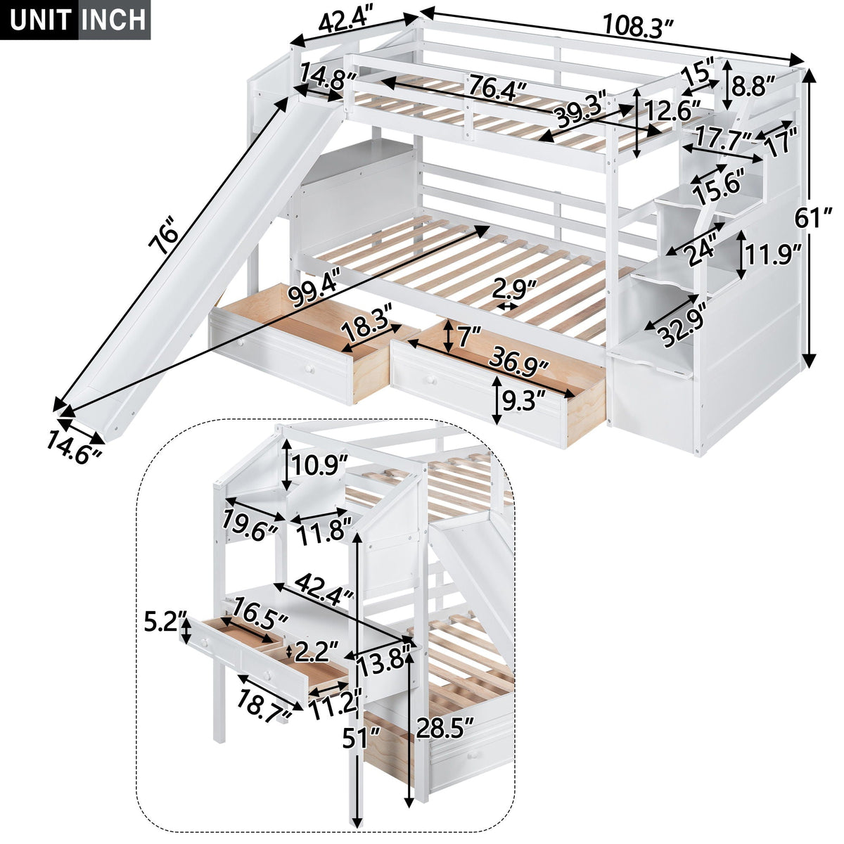 White bunk bed with storage staircase, slide, desk, drawers and shelves by HouseOfZazla on Tampa Home & Garden Store
