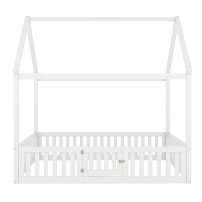 Wood House Bed With Fence And Door white frame with fence panels HouseOfZazla platform bed on Tampa Home & Garden Store