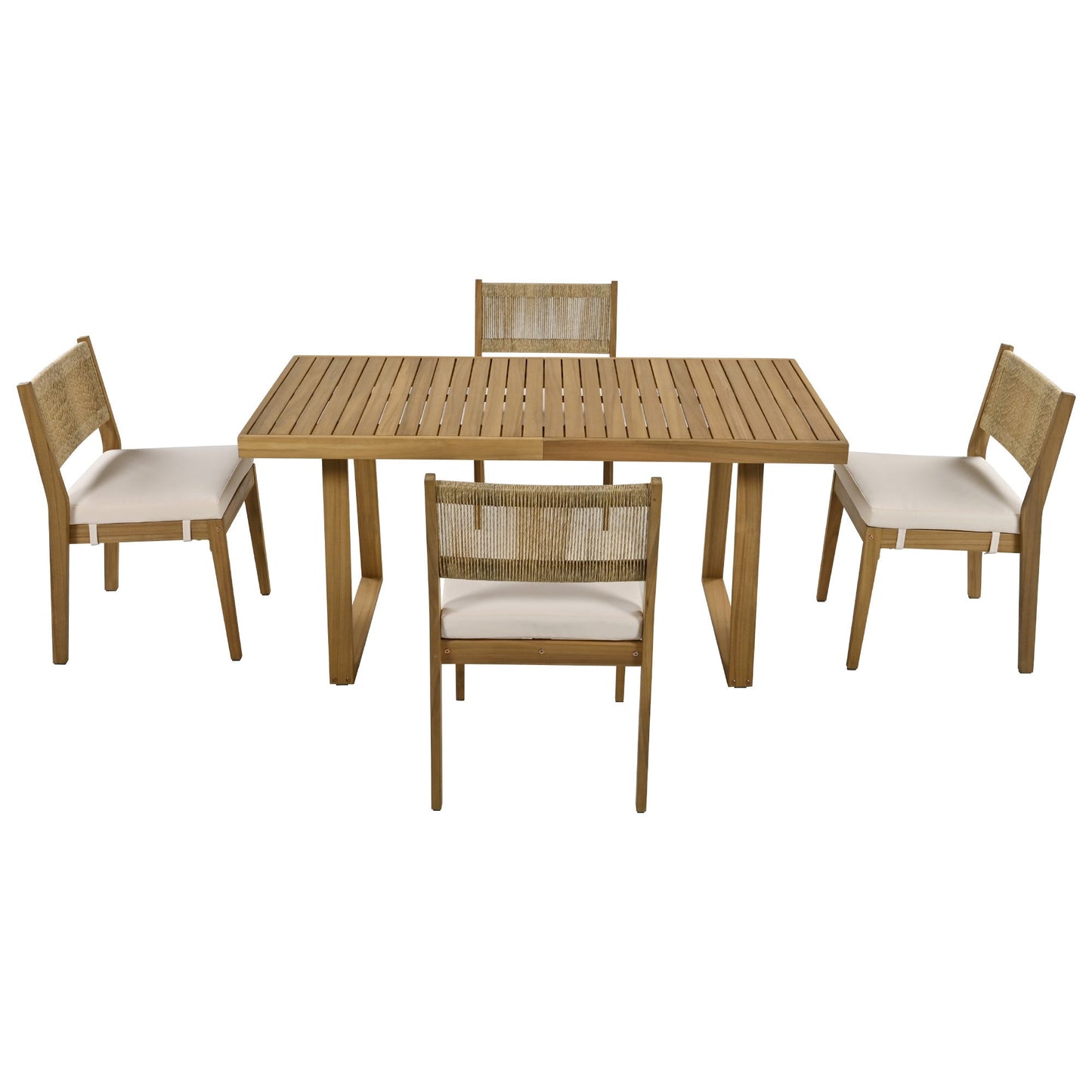 U_Style outdoor acacia wood dining table set with woven back chairs and cushioned seats on Tampa Home & Garden Store