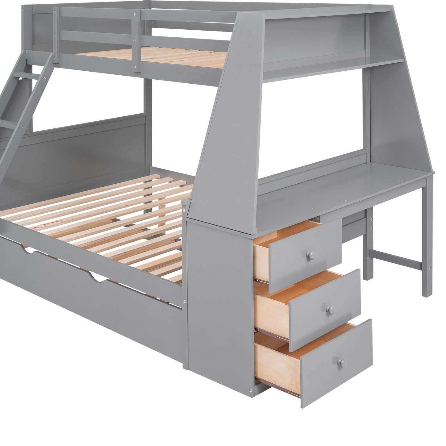 Gray bunk bed with built-in desk and 3 drawers, slat frame on Tampa Home & Garden Store