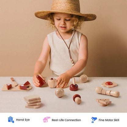 Tiny Land wooden play food set, natural wood with red accents, child playing with pieces on a table on Tampa Home & Garden Store