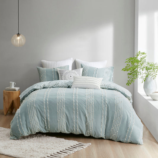 Duvet cover set King/Cal King cotton jacquard aqua/ivory, 3-piece, reversible - HouseOfZazla on Tampa Home & Garden Store