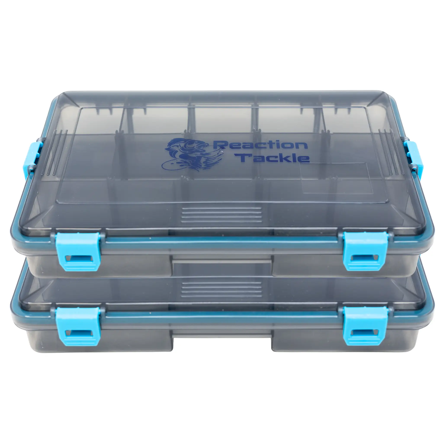 Reaction Tackle Tray Waterproof with 4 Clips, transparent lid and blue latches on Tampa Home & Garden Store