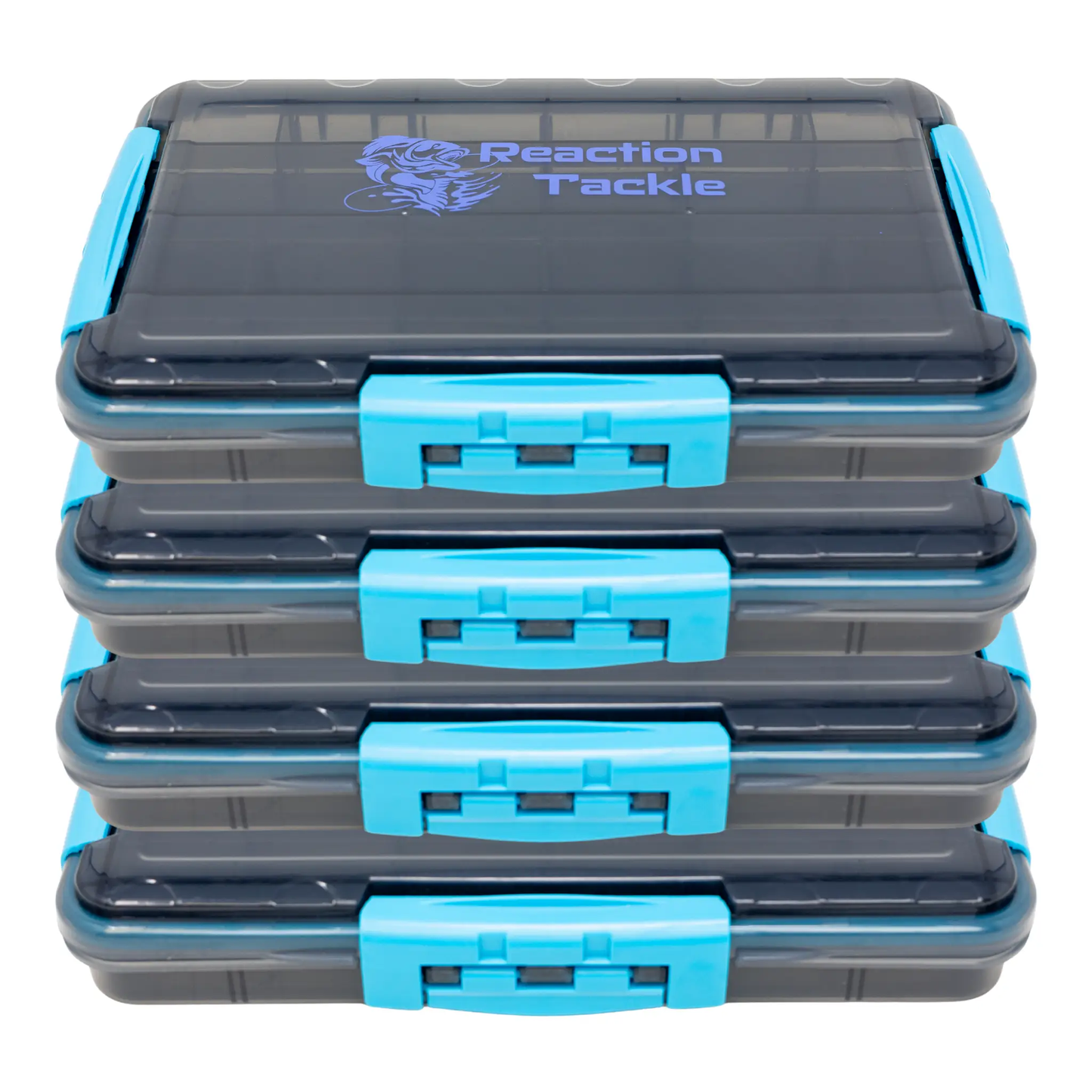 Reaction Tackle Premium Tackle Tray with 3 Clips, gray stackable boxes with bright blue latches on Tampa Home & Garden Store