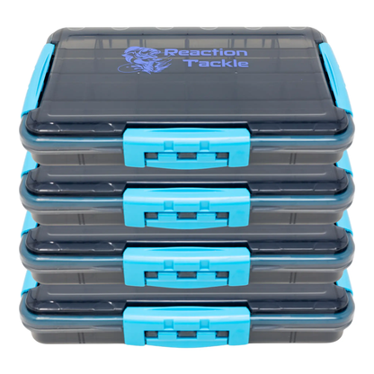 Reaction Tackle Premium Tackle Tray with 3 Clips, gray stackable boxes with bright blue latches on Tampa Home & Garden Store