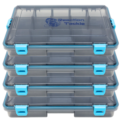 Three Reaction Tackle Waterproof Trays with 4 Clips, clear lids and latches, stackable storage on Tampa Home & Garden Store