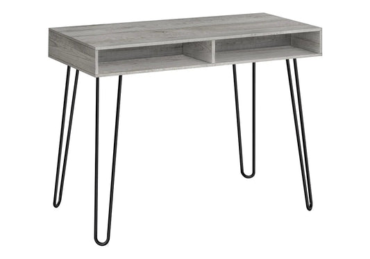Computer Desk in light gray wood finish with two open cubbies and slim black metal legs on Tampa Home & Garden Store