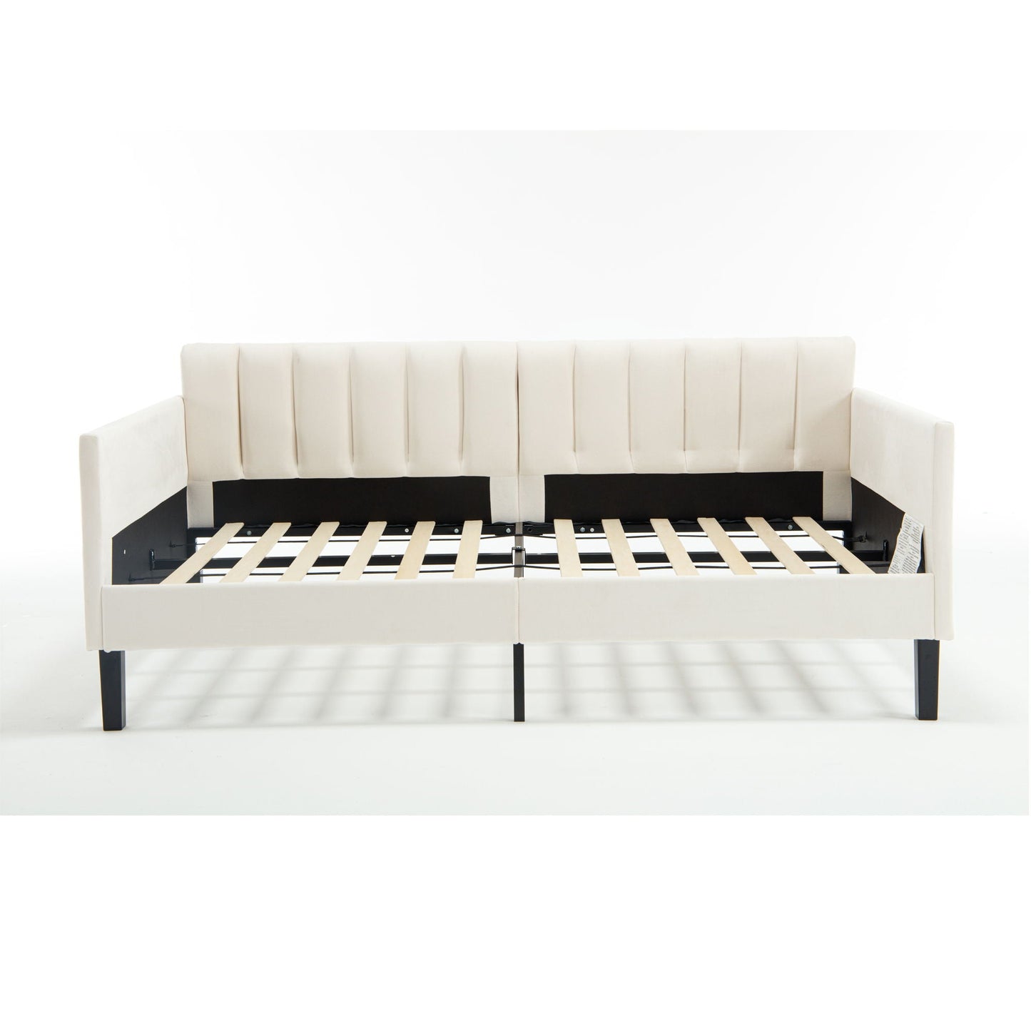 Elena Boucle Upholstered Daybed with ribbed tufted backrest in cream fabric and black metal legs on Tampa Home & Garden Store