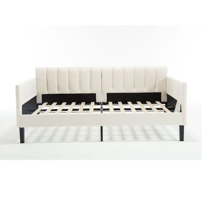 Elena Boucle Upholstered Daybed with ribbed tufted backrest in cream fabric and black metal legs on Tampa Home & Garden Store
