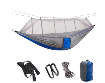 Double parachute hammock with mosquito net in army green and blue, straps, rope, carry bag on Tampa Home & Garden Store
