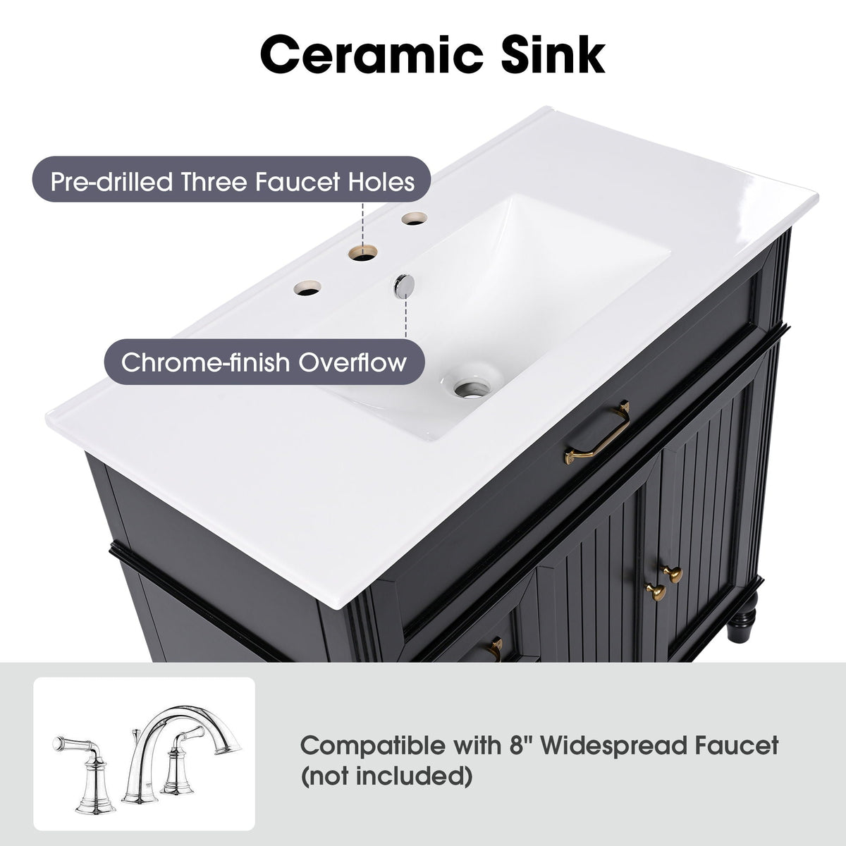 Bathroom vanity with white ceramic sink on a black solid-wood cabinet with 3 faucet holes on Tampa Home & Garden Store