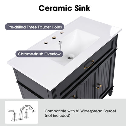 Bathroom vanity with white ceramic sink on a black solid-wood cabinet with 3 faucet holes on Tampa Home & Garden Store