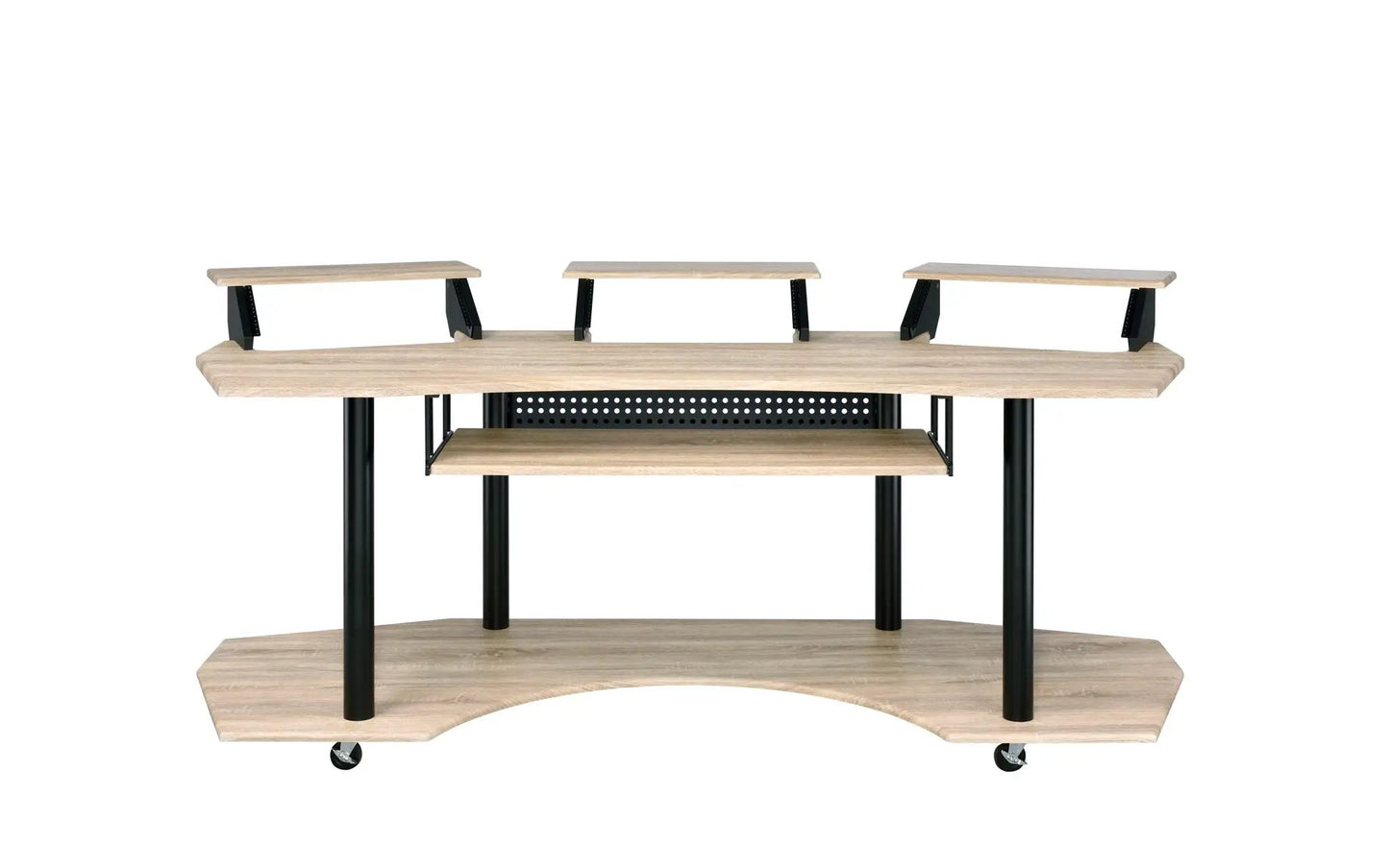 Eleazar wood recording studio desk with raised shelves, black metal frame and casters on Tampa Home & Garden Store