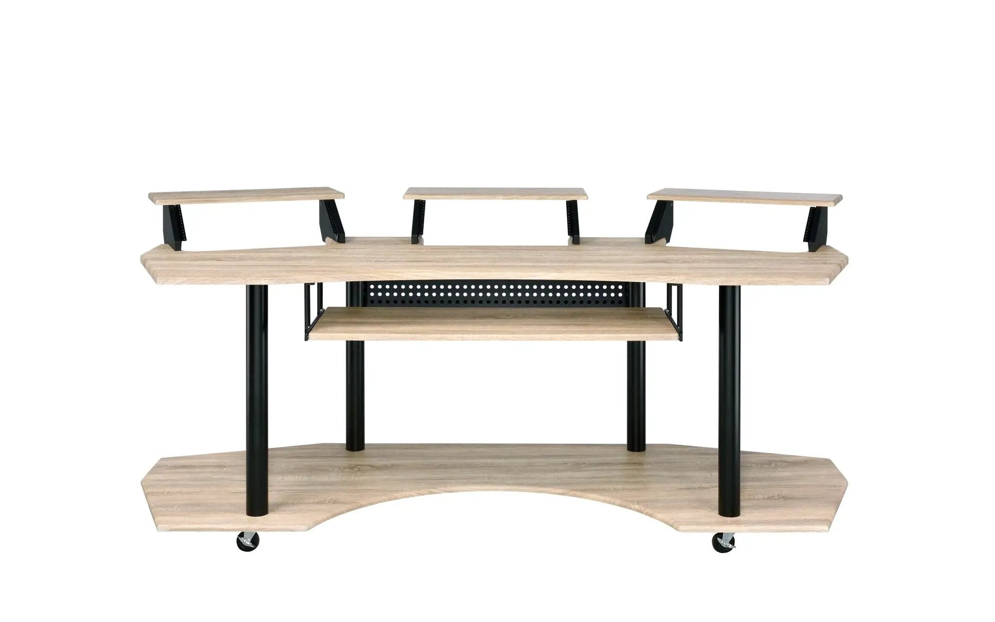 Eleazar wood recording studio desk with raised shelves, black metal frame and casters on Tampa Home & Garden Store