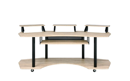 Eleazar wood recording studio desk with raised shelves, black metal frame and casters on Tampa Home & Garden Store