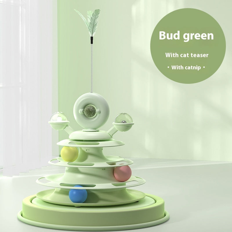 4-level cat toy tower with pastel green plastic, shelves, and colorful balls, feather teaser Sell My Stuff on Tampa Home & Garden Store