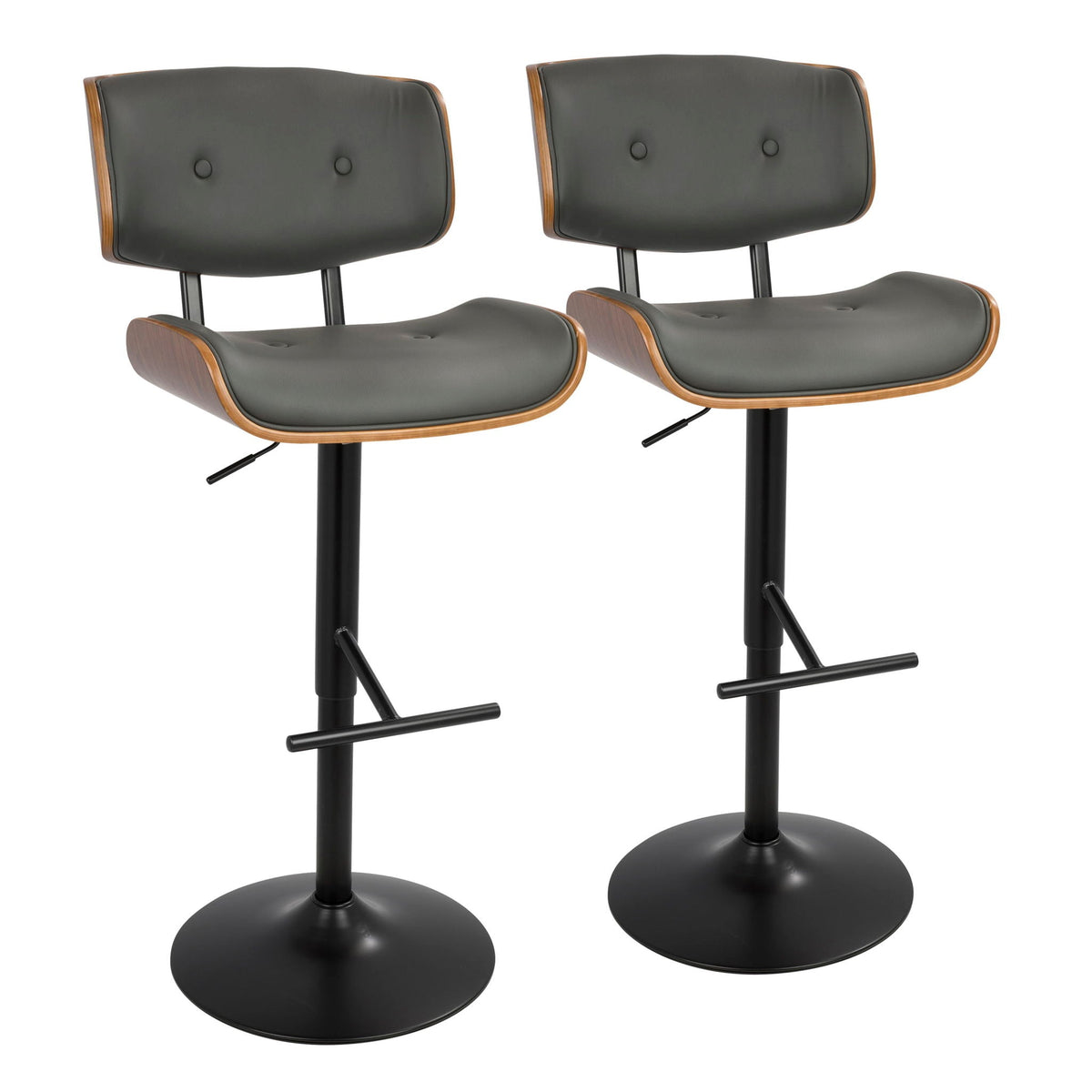Barstool set of 2: mid-century modern adjustable swivel barstools in dark gray upholstery with wood trim on Tampa Home & Garden Store
